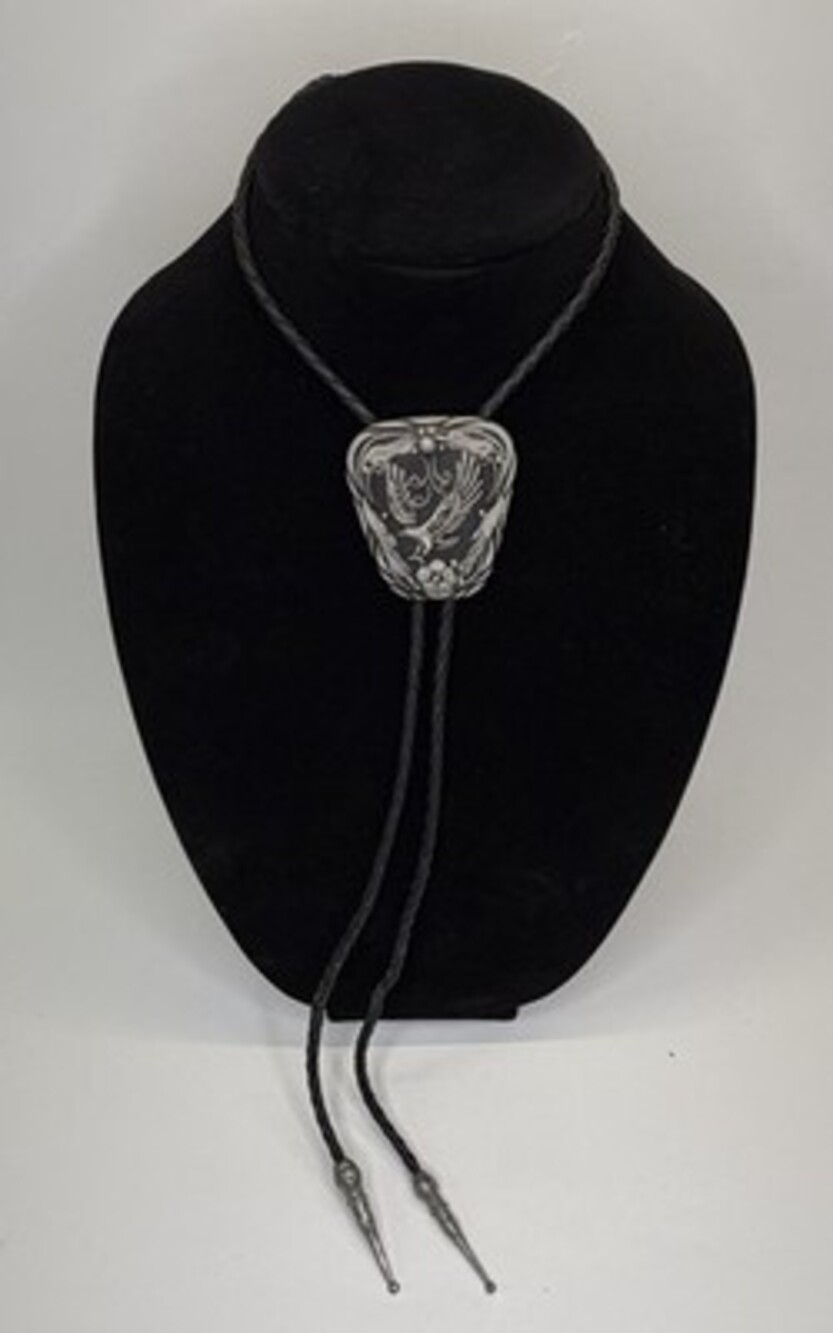 Vintage SSI Handcrafted USA Pewter Eagle Bolo Tie Braided Black Cord Western